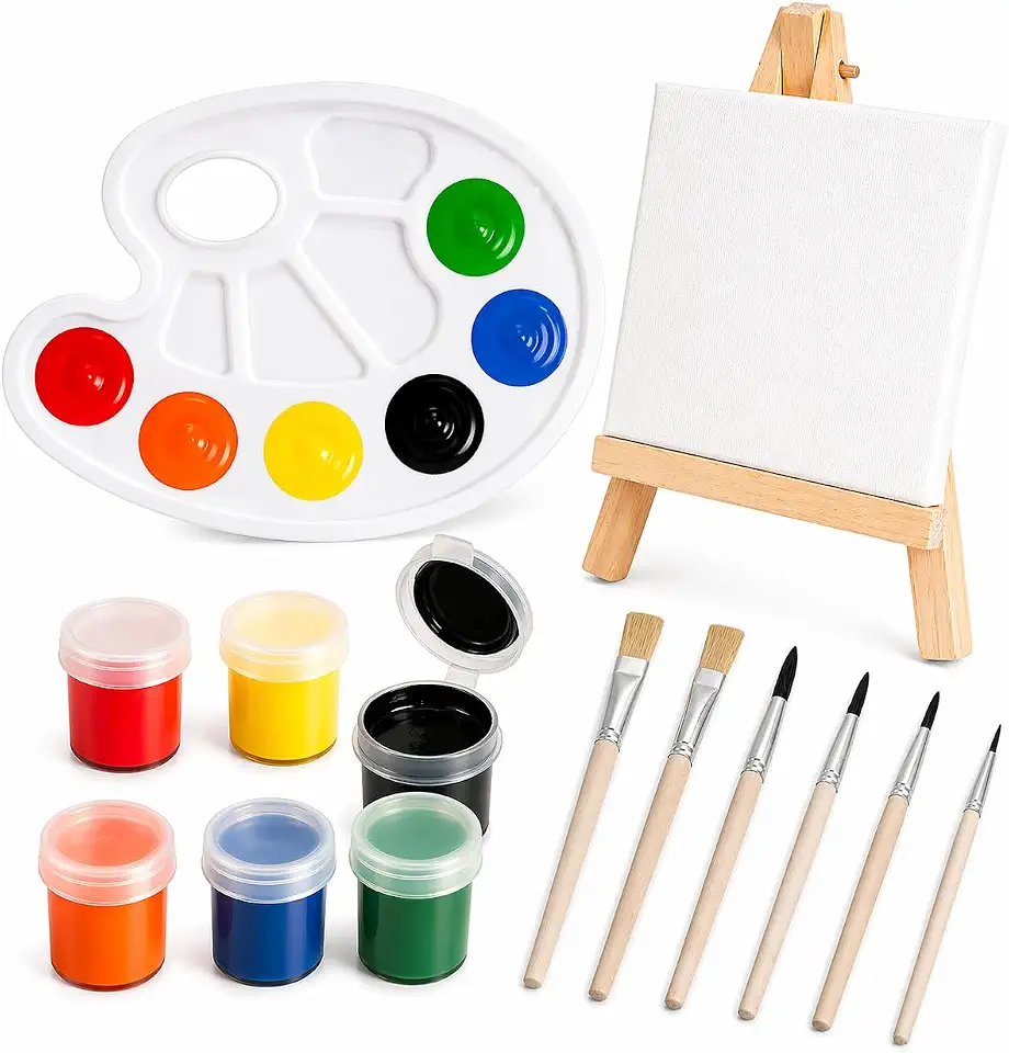 Kit de Pintura Artístico Completo Infantil e Hobby com Paleta 10 Cavidades, 6 Tintas Guache Coloridas, Tela 13x13 cm, Cavalete de Madeira e 6 Pincéis Variados