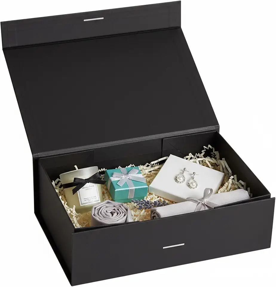 Caixa de Presente Premium Rígida 24x17x10cm com Fechamento Magnético e Fita – Embalagem Luxo Reutilizável para Casamento, Aniversário, Kits e Brindes, Alta Resistência e Acabamento Elegante (preto)