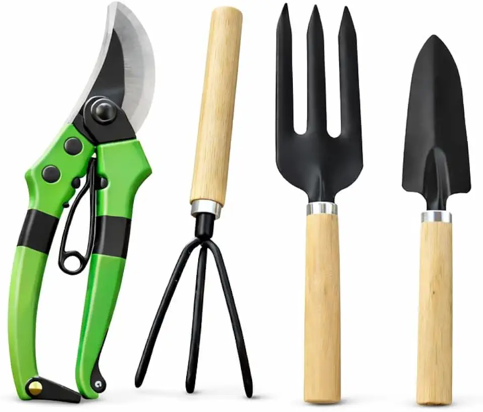 Kit de Ferramentas para Jardinagem Completo, 4 Peças, Tesoura de Poda, Pá, Gancho, Ancinho Stronex