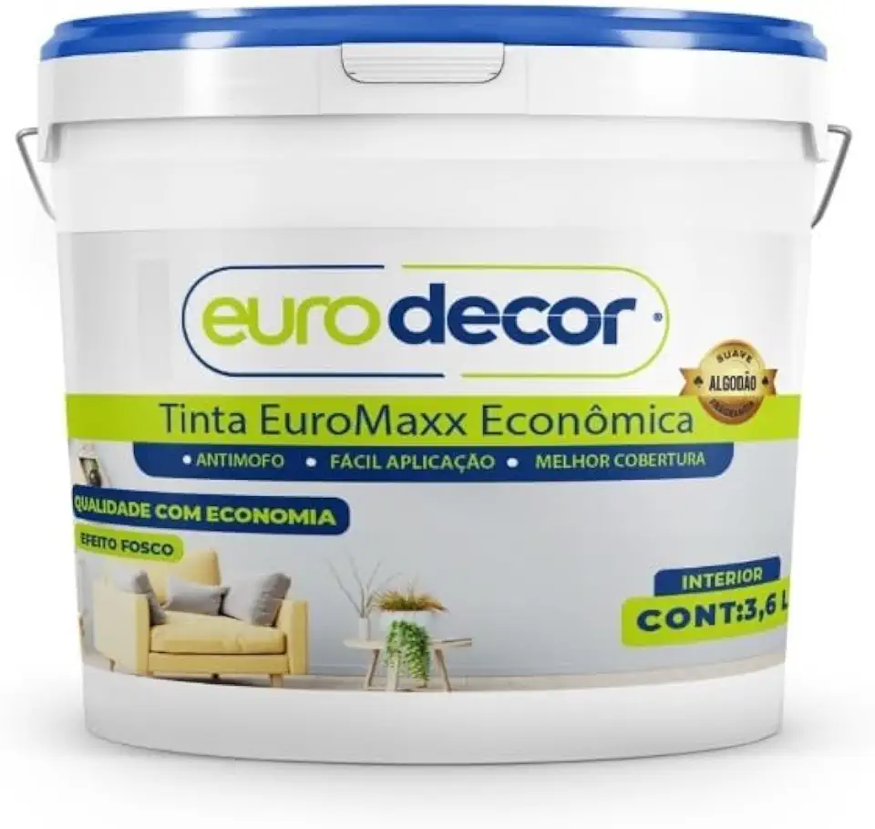 Tinta Acrílica Euromax 3,6L Eurodecor - Econômica para Paredes Interiores, Alto Rendimento e Fragrância de Algodão - Cor Branco
