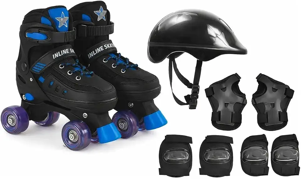Patins 4 Rodas Ajustável com Rodas LED, Kit de Segurança Incluído, Rodas de Poliuretano, Unissex Juvenil
