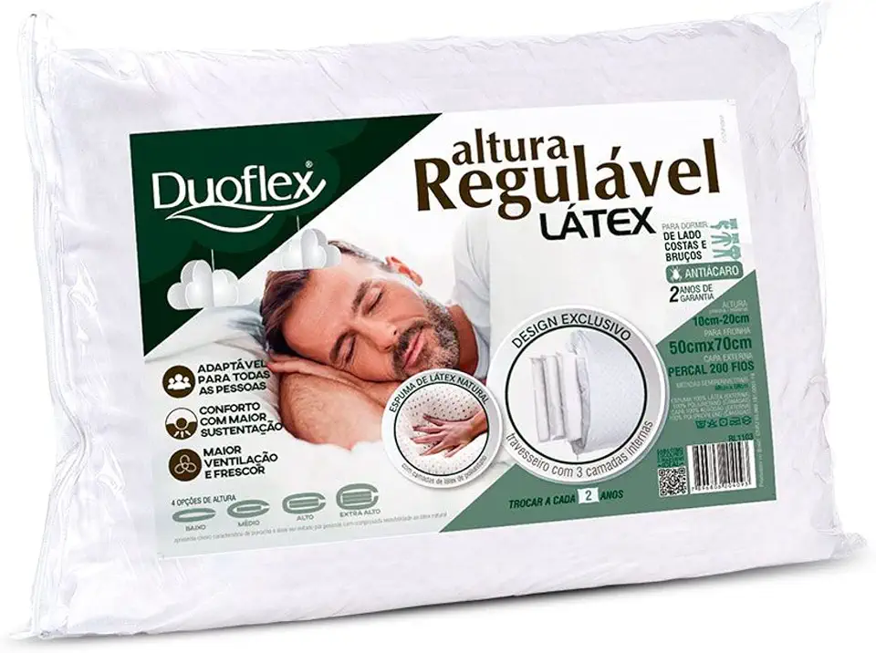 Travesseiro Duoflex Altura Regulável LÁTEX, com 04 opções de altura, para fronha 50 x 70 cm