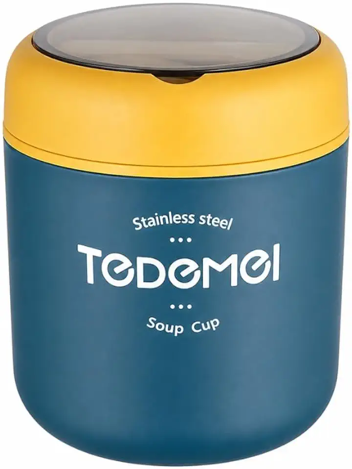Marmita Térmica Redonda, Em Aço Inox, 530 ML, Em Aço Inox - Acompanha Colher de Plástico, Para Sopa, Alimentos, Frutas, Adulto e Infantil, Portátil,Diversas Cores (Azul)
