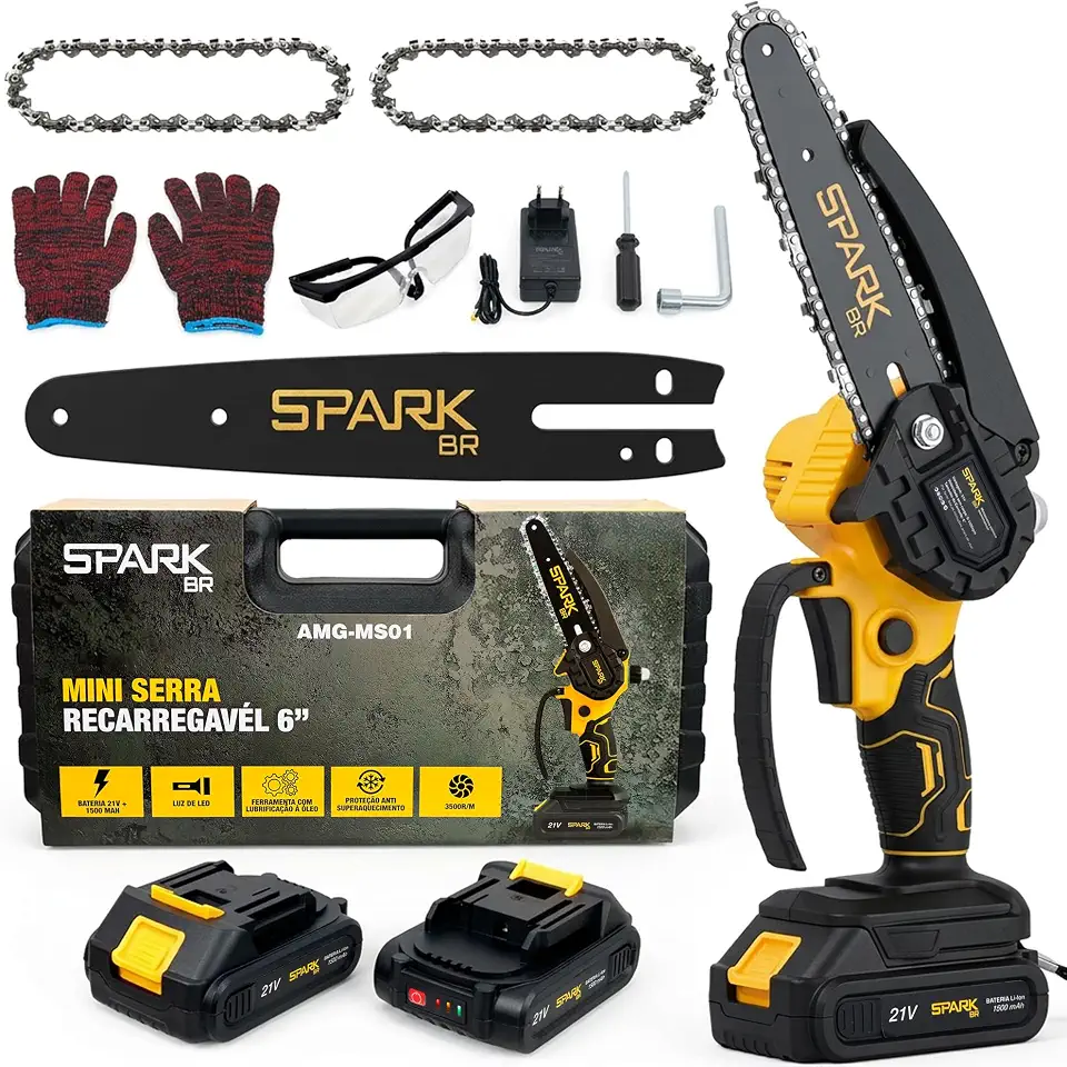 Mini Motosserra Elétrica SparkBR 6" Recarregável 21V 2 Baterias Maleta Corrente Extra Lubrificação LEDIndicador Trava Segurança Acessórios
