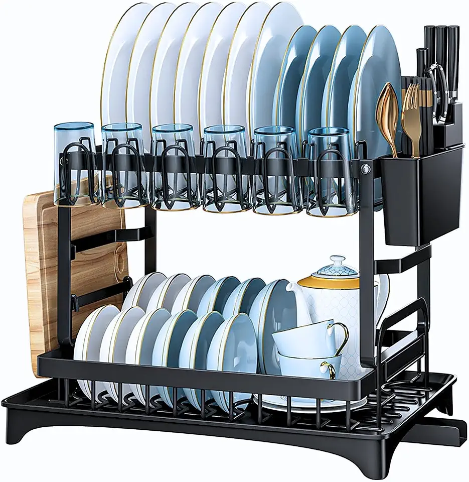 Escorredor de Louça Completo em Aço Carbono Organizador Escorredor de Pratos, Suporte para Talheres, Copos, Tábuas, Facas e Bandeja de Drenagem de Água