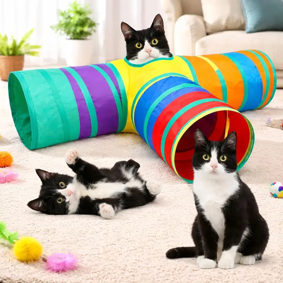 Túnel para Gatos Dobrável com 3 Entradas e Bolinha Interativa – Brinquedo para Gato Estimulante, Antiestresse, Resistente, Portátil e Lavável, Diversão e Exercício para Pets