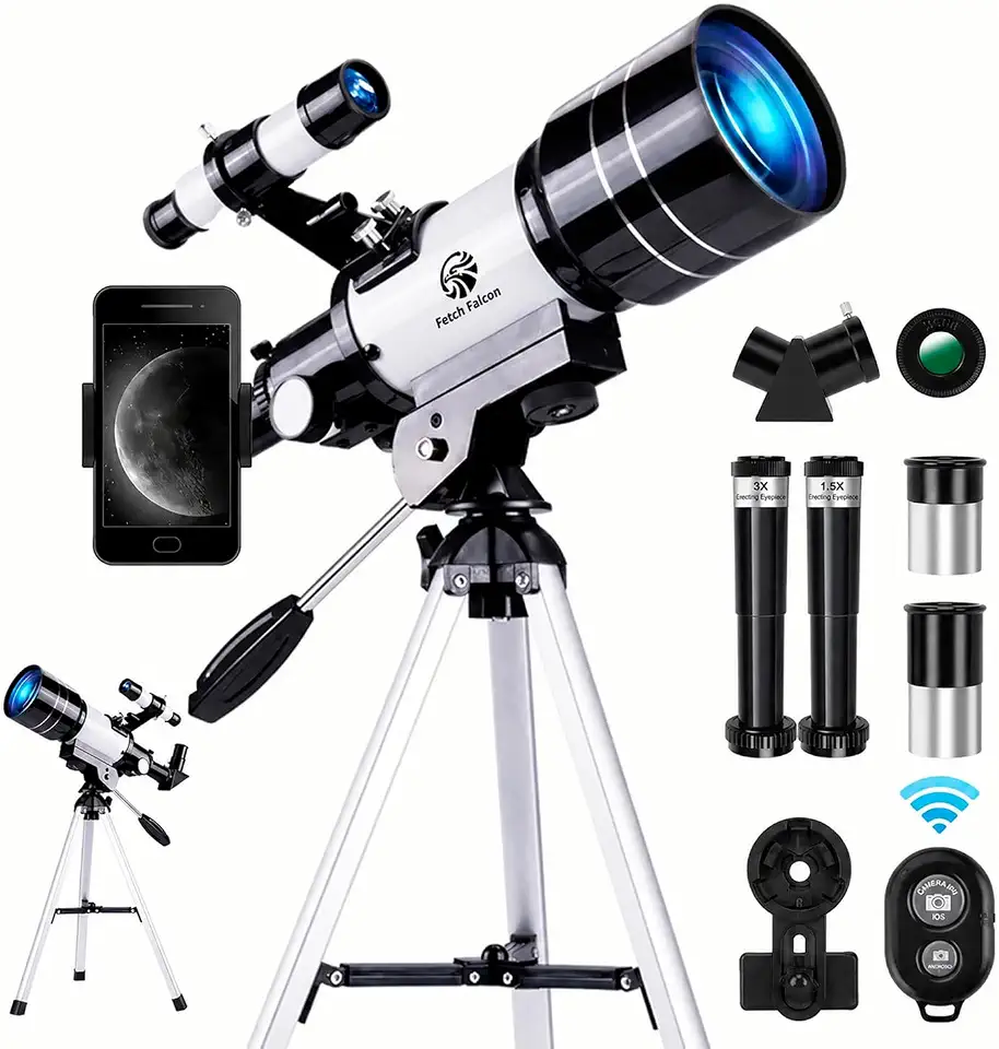 Telescópio astronômico astronômico 150X de alta potência, portátil com abertura de 70 mm (refrator HD, tripé, adaptador de telefone e controle remoto sem fio) ideal para observação de estrelas e