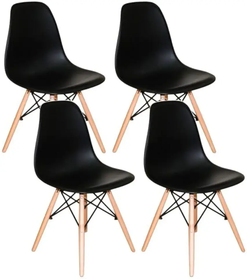 Kit 4 Cadeiras Eiffel Charles Eames DSW – Polipropileno Preto e Base de Madeira Clara – Sala de Jantar, Cozinha ou Escritório (Preto)