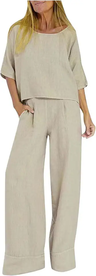 Terno feminino de linho de verão, duas peças, gola redonda, meia manga, calças largas, combinando