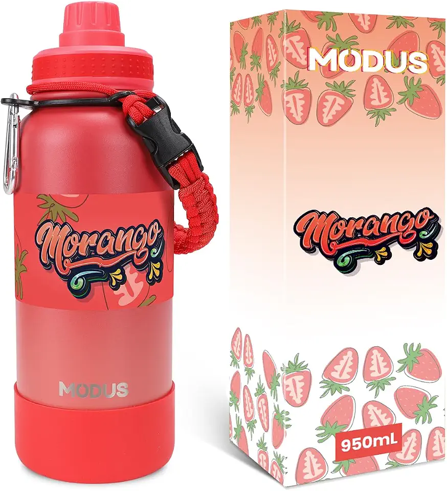 MODUS 950mL Garrafa de Água Térmica Esportiva Inox Isolada a Vácuo com Base Emborrachada Anti Derrapante (Gradiente Preto a Vermelho)