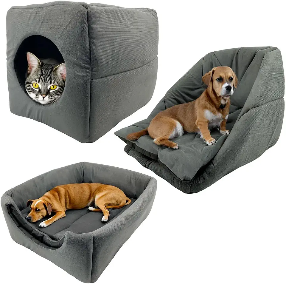 Cama 3em1 Suede Grande para Cachorro Gato Pet Cubo Toca Iglu (Cinza)