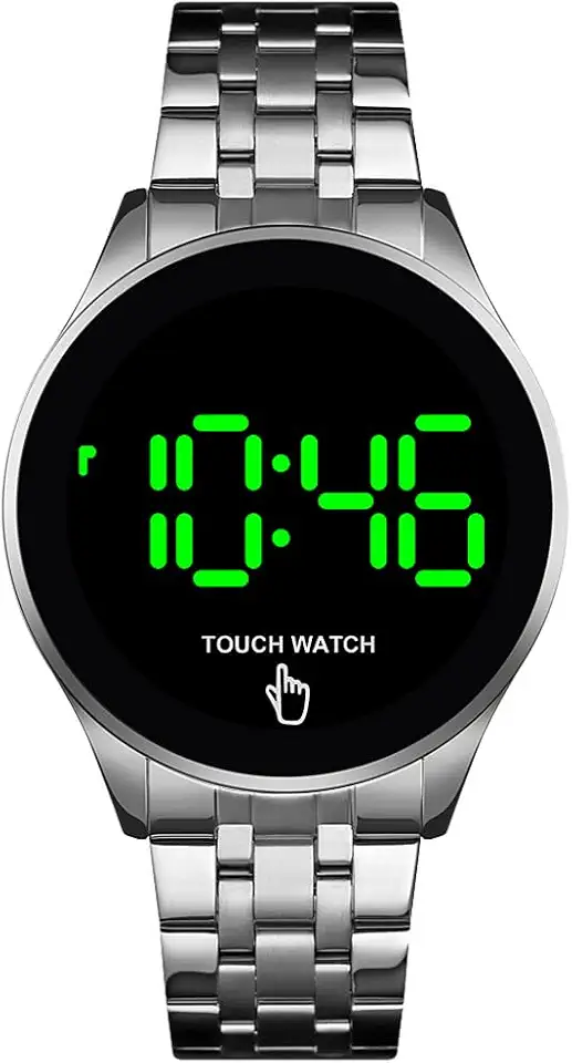 Relógio digital de LED com tela sensível ao toque e luz de fundo em aço inoxidável, impermeável, casual, esportivo, masculino, feminino, para meninos, Prata, mens-standard