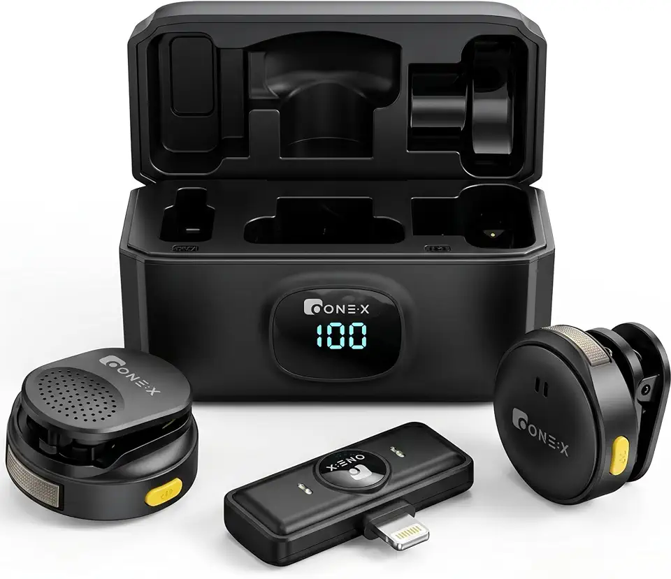 Kit 2 Microfones de Lapela Profissional Com Ímã Sem Fio, Compatível com Iphone, Case de Carregamento, Bluetooth, Cancelamento de Ruído,12h Tempo de Trabalho, Receptor Lightning