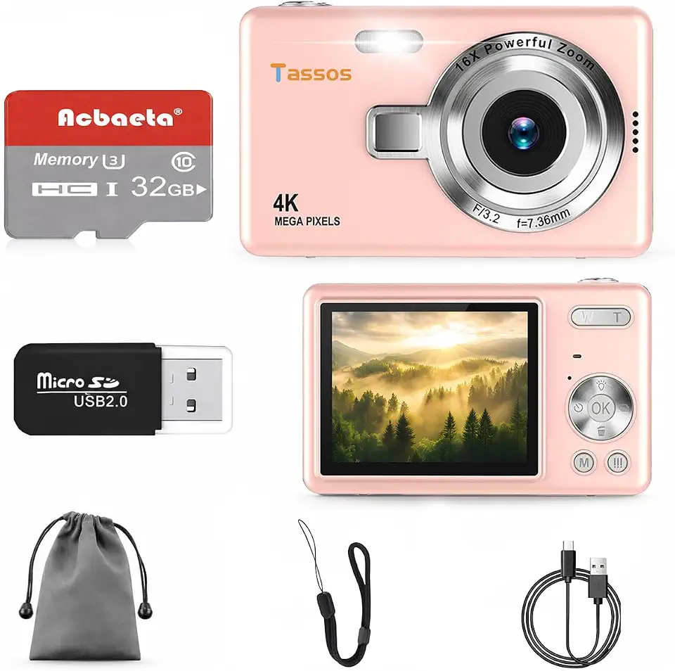 Câmera digital 1080P FHD 4k com tela LCD de 2,4", compacta e portátil para vlogs e fotos, com cartão SD de 32GB e zoom digital de 16x para adolescentes, estudantes e iniciantes. (Rosa)