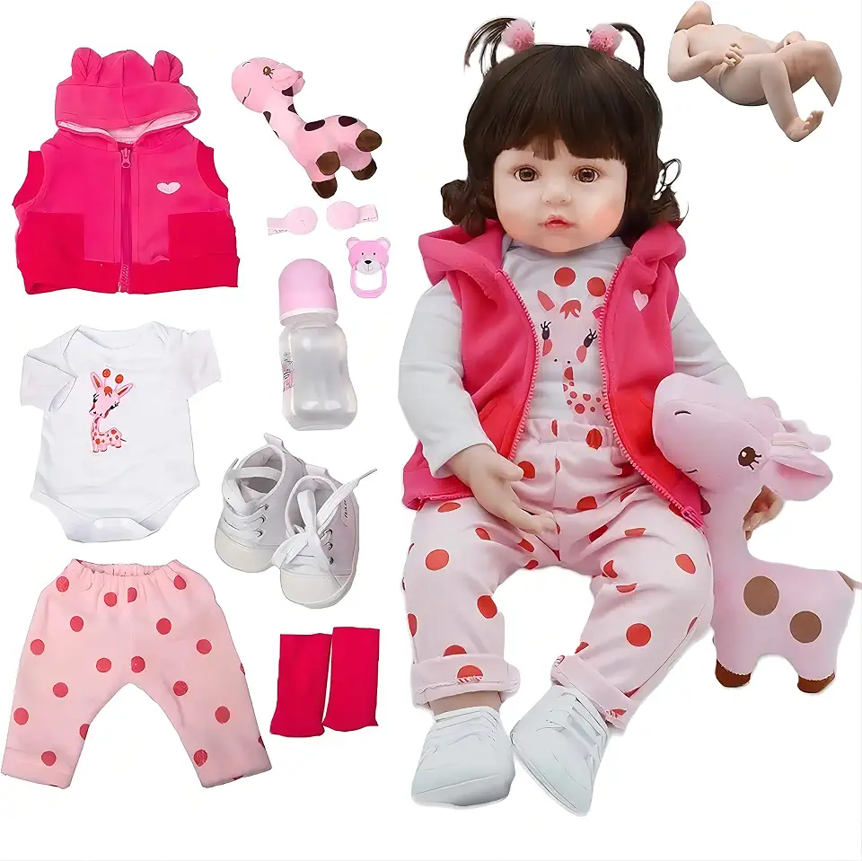 Bebê Reborn Boneca Menina de Silicone Original Pode dar Banho (Menina Girafa 48cm)