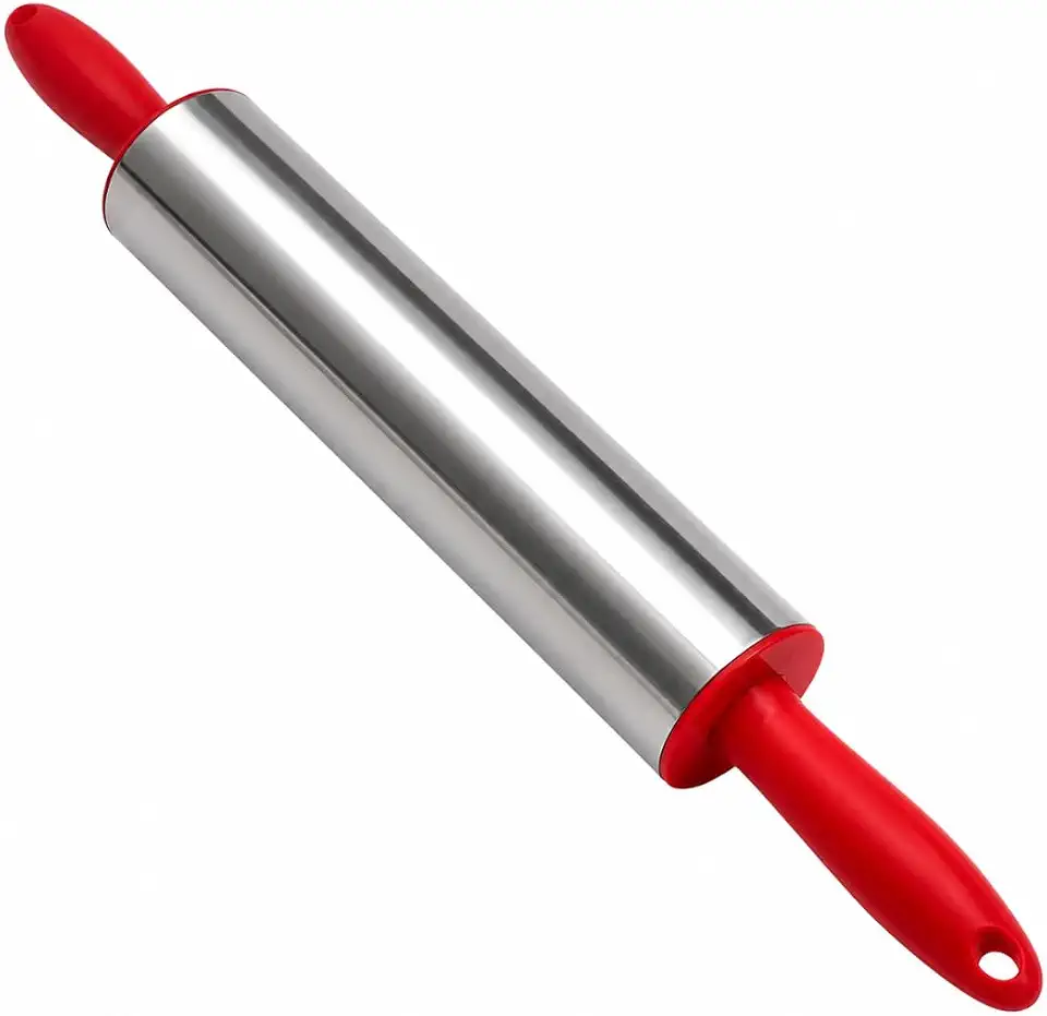Rolo de Massa em Aço Inoxidável 35cm Para Todos os Tipos de Massa Elegante Eficiente Resistente e Durável Antiaderente e Ergonômico Premium (Vermelho)
