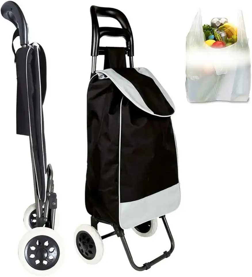 Carrinho de Compras Dobrável com Rodas Triplas, Suporta até 30kg, para Feira, Supermercado, Praia, Camping, Preto