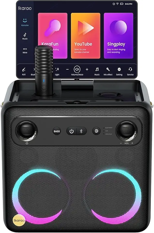 Speaker de Karaokê Profissional Ikarao Break X2 com Tela Touch 10.1" Android, 2 Microfones Sem Fio Recarregáveis, Som Potente 300W e Portátil para Festas e Eventos
