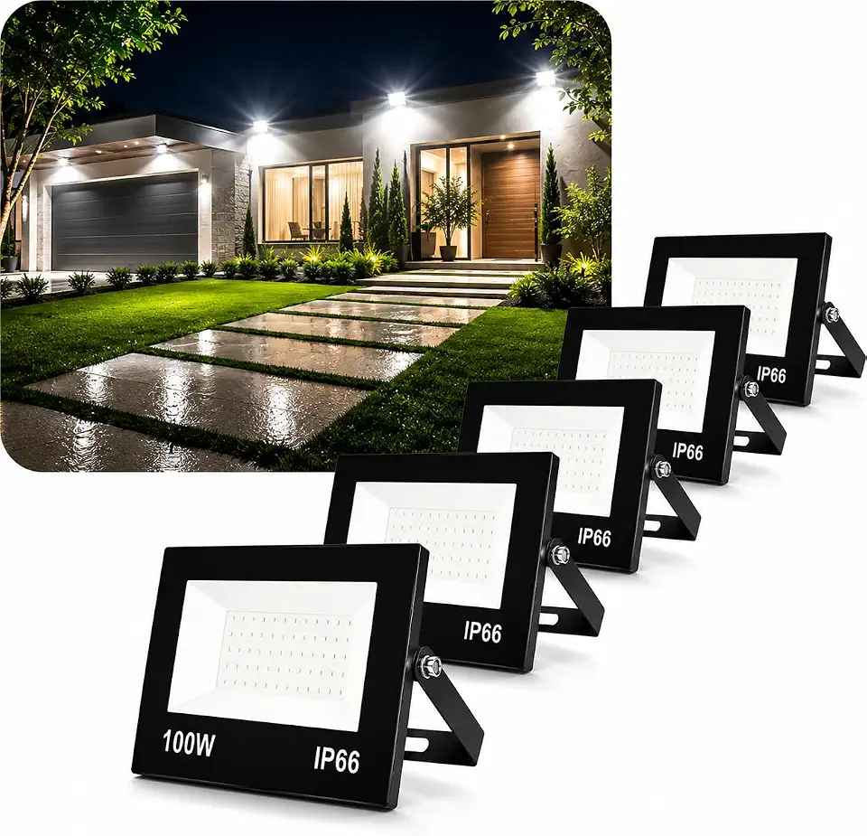 Kit Com 5 Refletor LED Holofote 100W Branco Frio 6500K Prova D'água Chuva IP66 Potente Forte Preto Econômico 110v 220v Bivolt Grande Quintal Jardim Fachada Interno Externo Premium