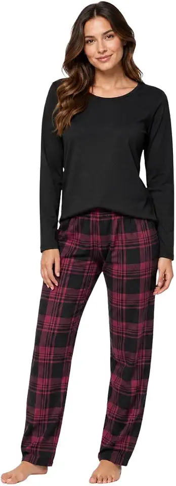 Pijama Feminino Inverno Flanela Xadrez com Blusa Viscolycra Macia Confortável Manga Longa