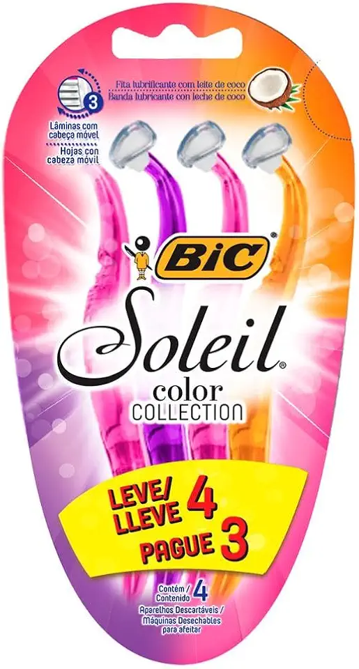 BIC Aparelho De Depilar Soleil Rosa Roxo E Laranja Leve 4 Pague 3 - 930183 - Dupla Fita Lubrificante Com Leite De Coco