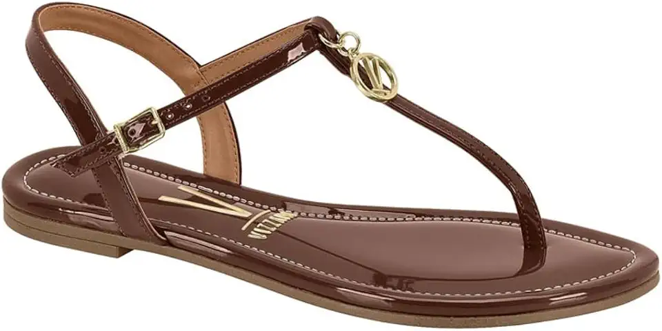 Sandália Rasteira Feminina Vizzano – Verniz, Tiras Finas com Pingente Dourado, Leve e Confortável