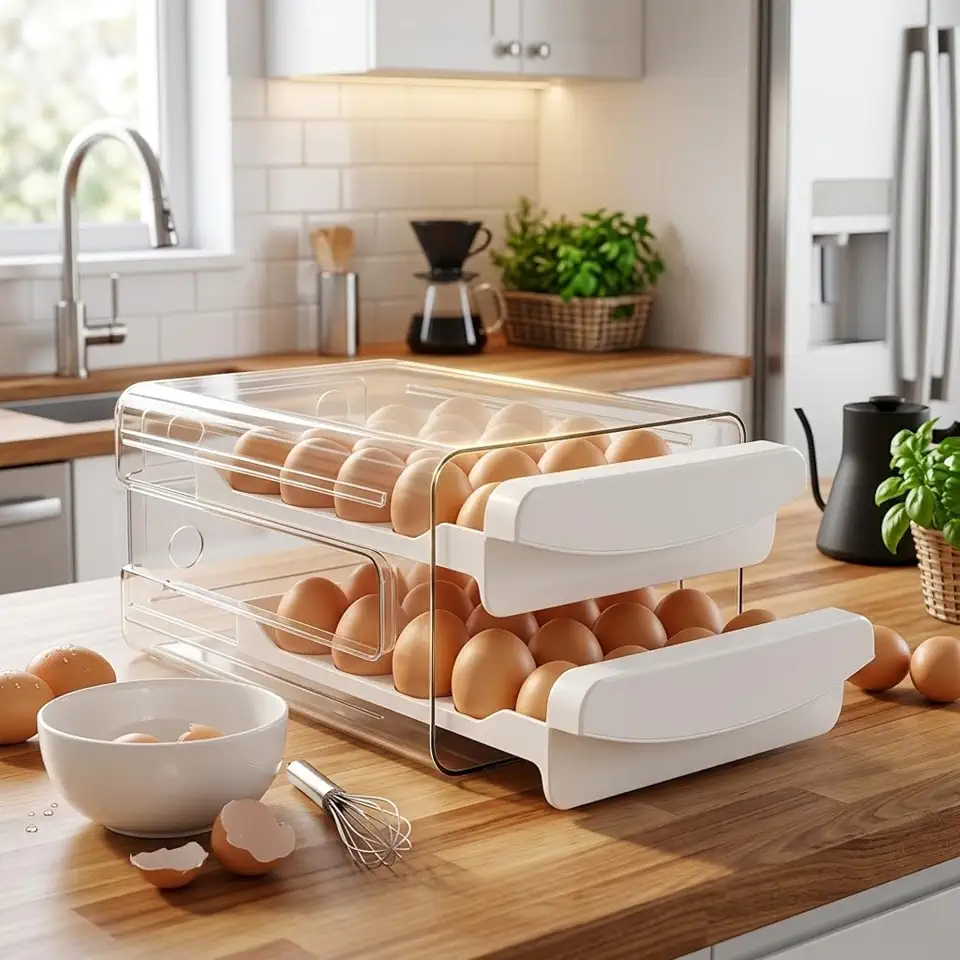 Porta Ovos Premium para Geladeira com Gaveta Deslizante, Organizador de Ovos 32 Unidades, 2 Camadas Empilhável, Caixa Acrílica Transparente para Cozinha, Livre de BPA