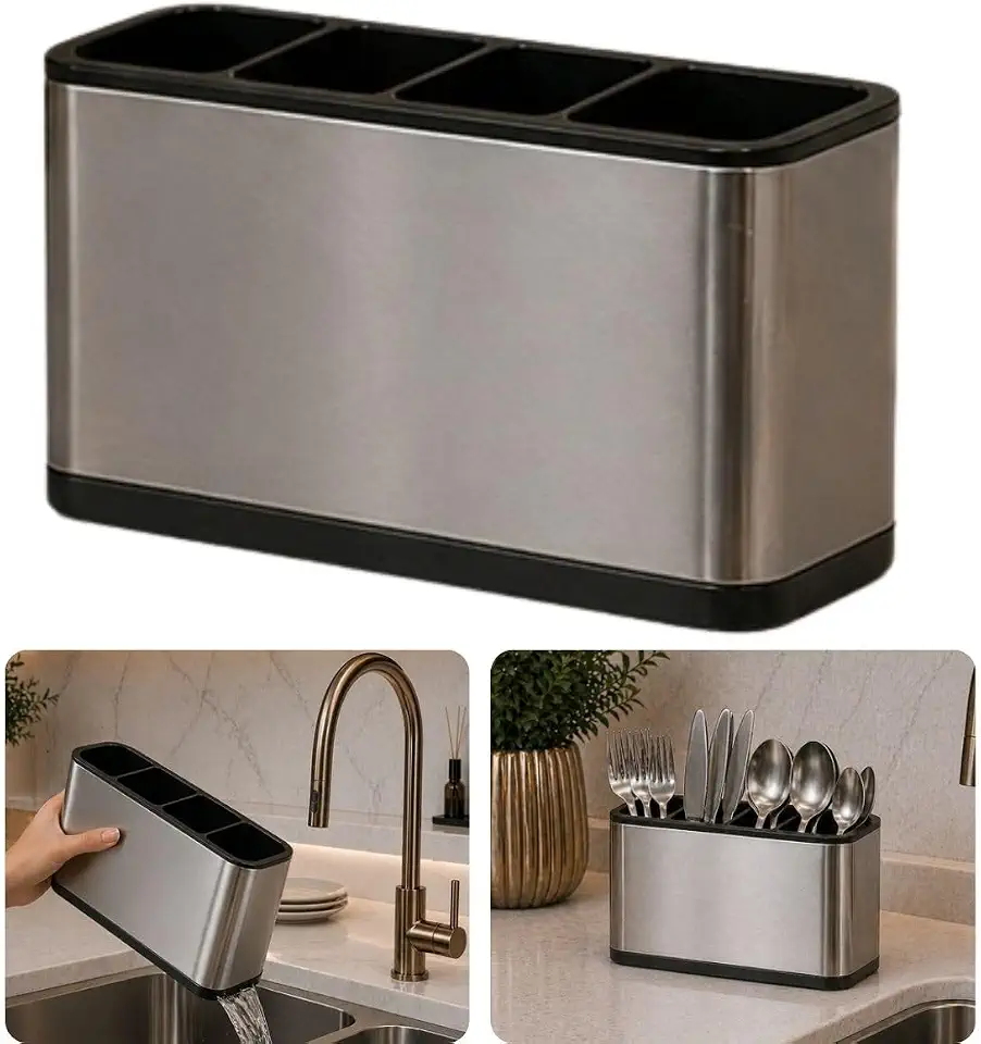 Escorredor Porta Talheres Aço Inox 4 Divisórias Sistema Drenagem Água Organizador Utensílios Cozinha Pia Compacto Design Moderno Suporte Talheres Secagem Rápida Resistente Antiferrugem Base Removível