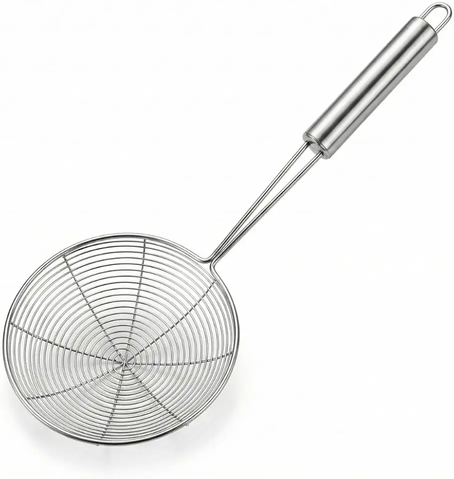 Escumadeira Aramada Profissional para Fritura em Aço Inox, Peneira Circular com Cabo, 36,5 cm x 14,5 cm