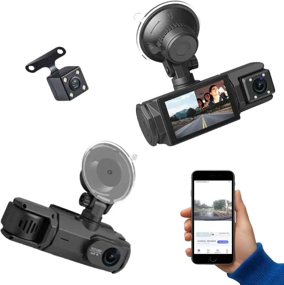 Câmera Veicular Full Hd 1080p Wifi 3 Canais Para Frente/Traseira Visão Noturna