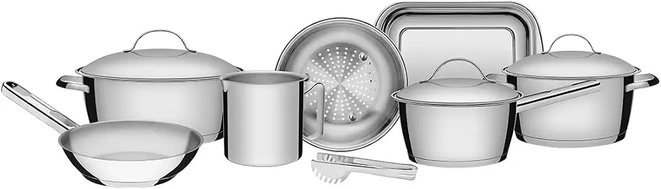 Jogo de Panelas Tramontina Aço Inox Fundo Triplo Allegra 7 Peças + Pegador Massa, Cinza, 65650173
