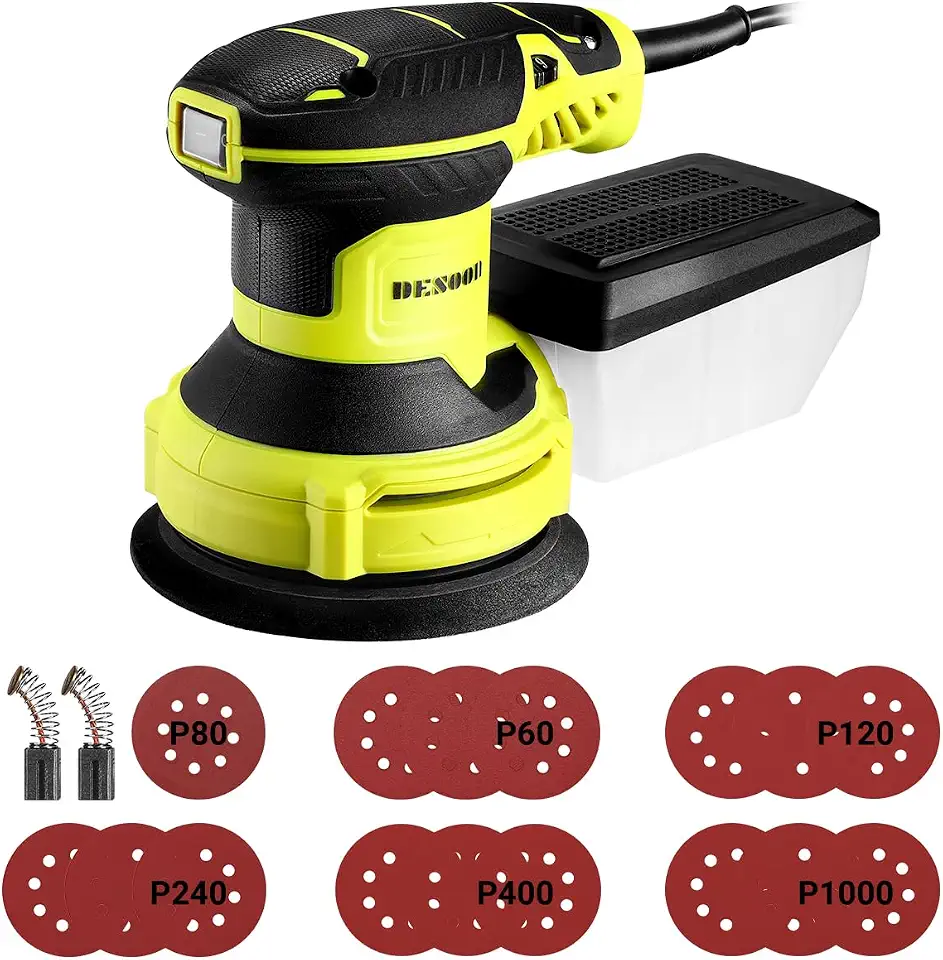 DESOON Lixadeira Orbital Elétrica 350W 127V com Coletor de Pó, Velocidade Variável 7000-13000RPM e 16 Lixas – Ideal para Madeira, Metal e Pintura