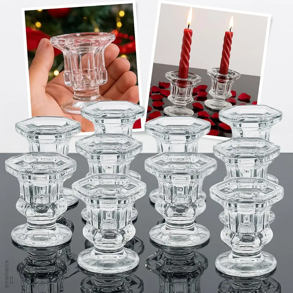 Castiçal Sextavado Porta Vela de Vidro Transparente 4,5 x 5,5 cm Kit com 10 Unidades