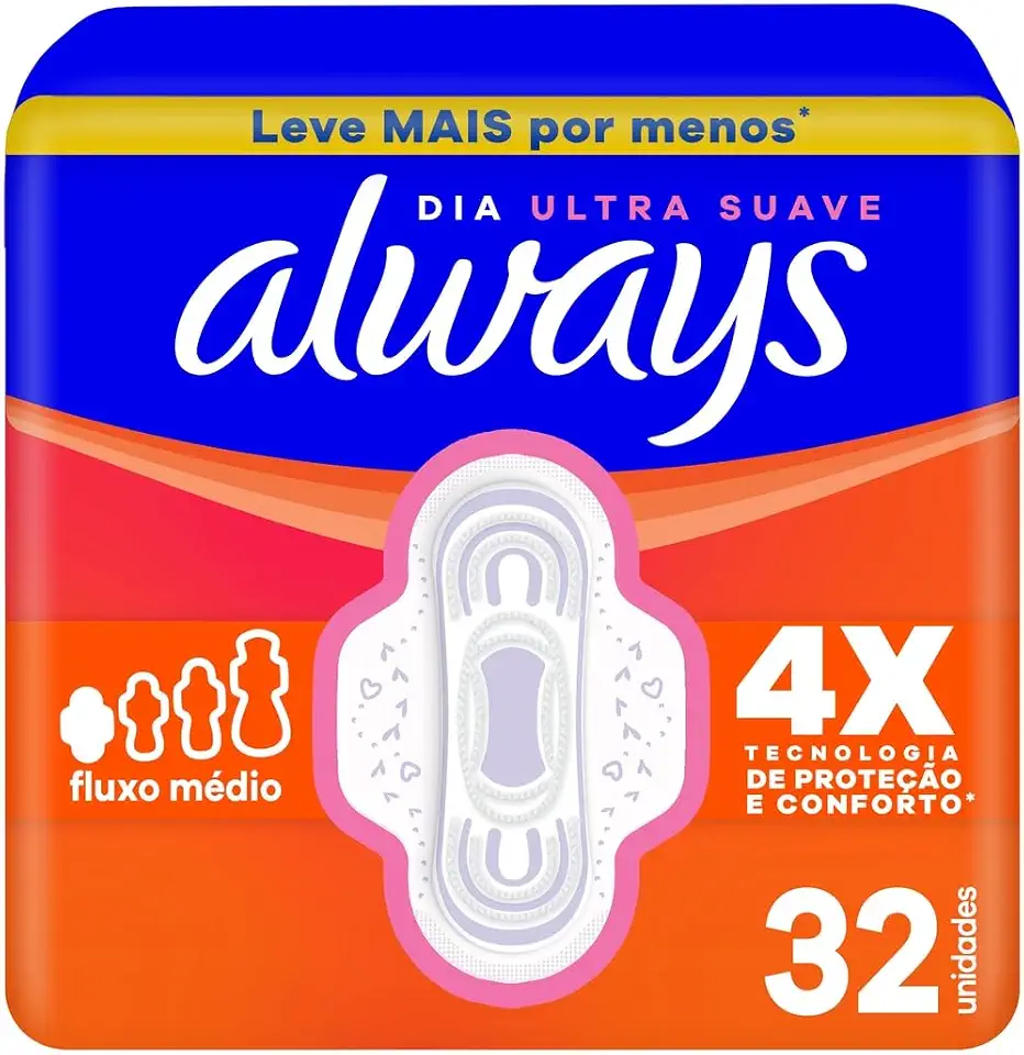 Absorvente Always Dia Ultra Suave com Abas Fluxo Médio, 4X Tecnologia de Proteção e Conforto*, 32 Unidades