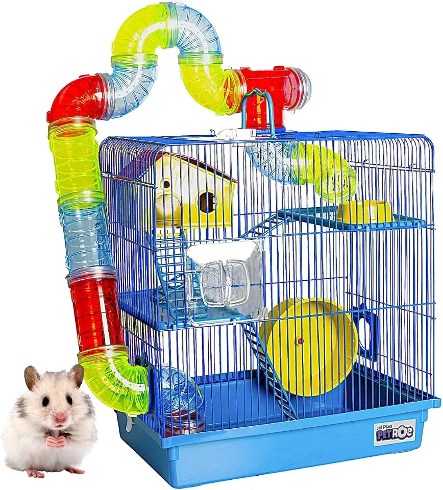 Gaiola Hamster Com Casa Completa 3 Andares Tubo Luxo Premium Grande Acessórios (Azul)