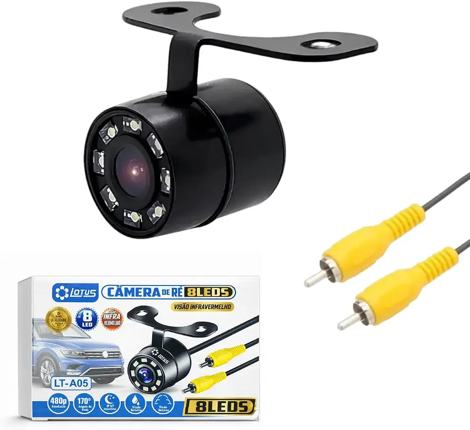 Câmera de Ré Automotiva HD com Visão Noturna 8 LEDs Infravermelhos Instalação por Furação