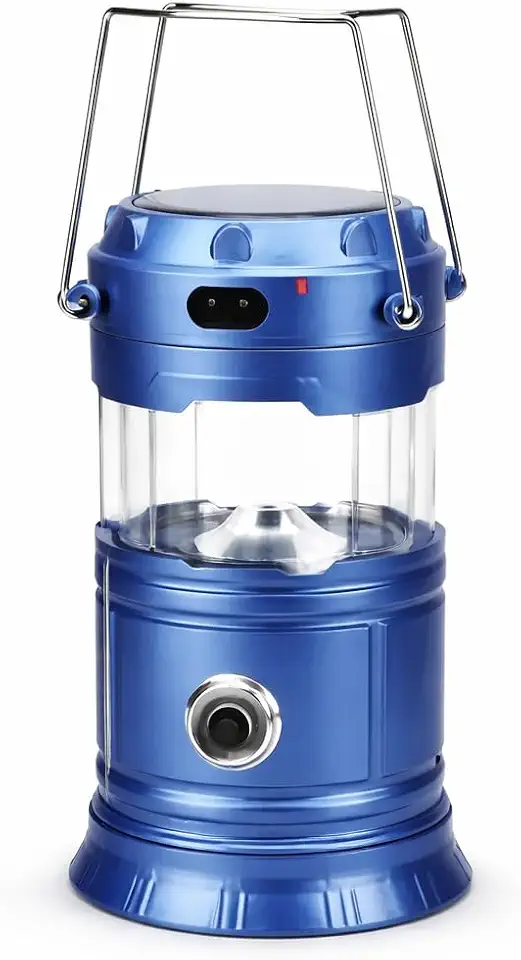 Lampião LED Solar Recarregável 4 em 1 com Recarga USB, Tomada e Power Bank, Azul, Alumínio Aeronáutico, Ideal para Camping