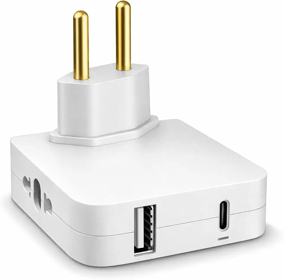 Adaptador de Tomada Articulado com USB e USB-C – Bivolt 110V/220V – 2 Entradas Padrão + Porta Tipo C – Hub de Energia Compacto para Casa e Escritório