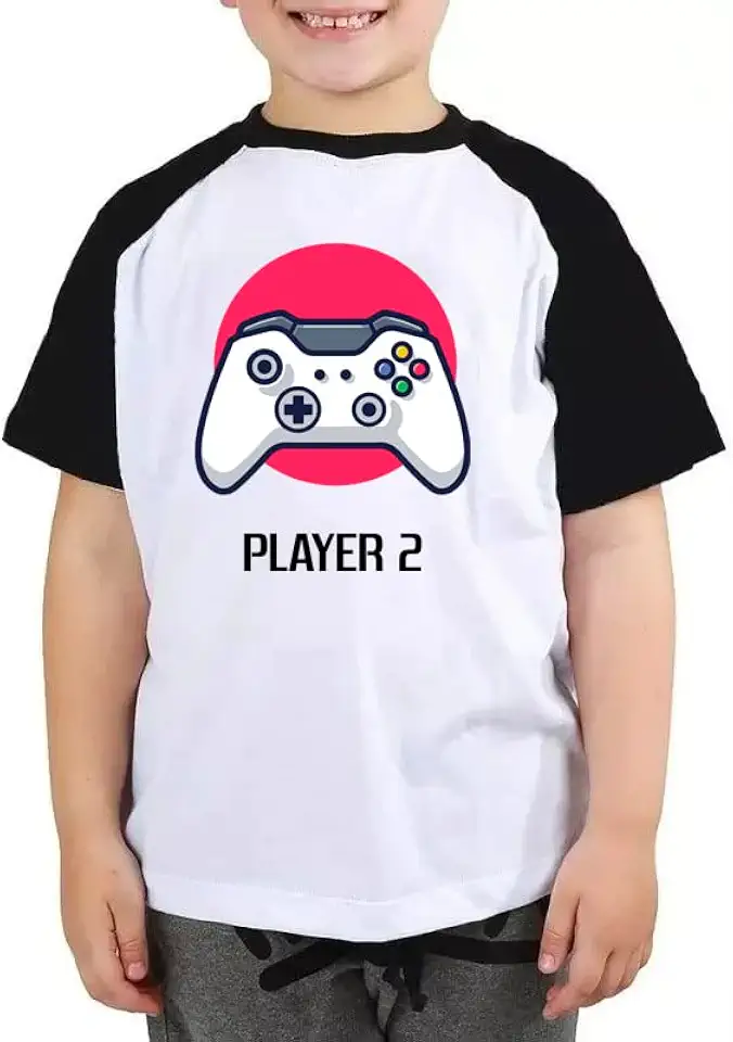 Camiseta infantil player 2 camisa blusa gamer geek jogos fun Cor:Preto com Branco;Tamanho:10 Anos