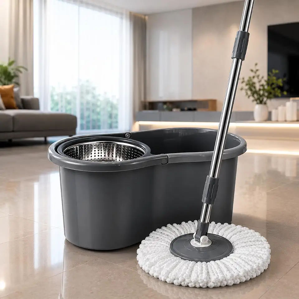 Mop Giratório com Balde 14 Litros e Sistema de Centrifugação 360°, Esfregão Rotativo com Cabo Regulável, Limpeza Prática para Pisos, Porcelanato, Cerâmica, Laminado e Madeira