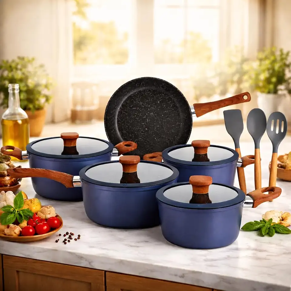 Kit Jogo De Panelas Azul Revestimento Cerâmico Antiaderente 12 Peças Com Tampa De Vidro Utensílios Silicone Cabo Madeira Premium Cozinha Moderna Fogão Gás Elétrico Indução