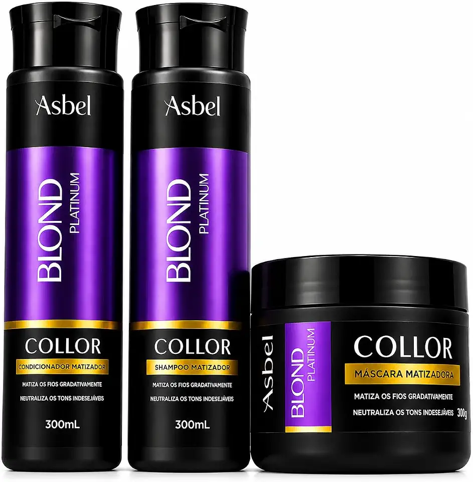 Kit Shampoo Matizador Blond Platinum Asbel – Shampoo 300ml + Condicionador 300ml + Máscara 300g – Efeito Platinado
