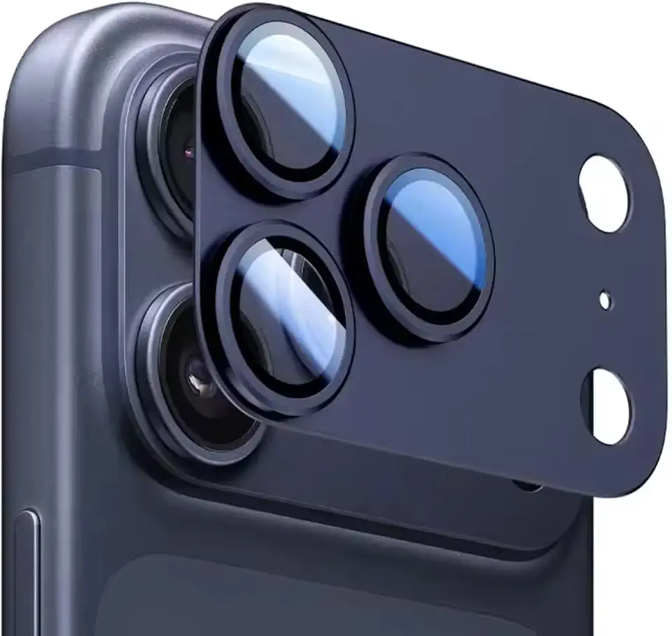 Película de Câmera para iPhone 17 Pro Max, Vidro Temperado com Estrutura em Metal, Protetor de Lente Ultra Resistente, Alta Transparência, Instalação Fácil, Design Fino - Azul