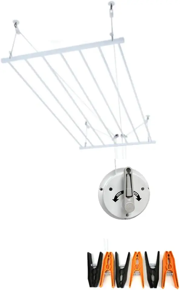 Varal de Teto Retrátil em Alumínio Reforçado Premium 100x60 cm com 8 Varetas, Manivela e Kit Completo de Instalação