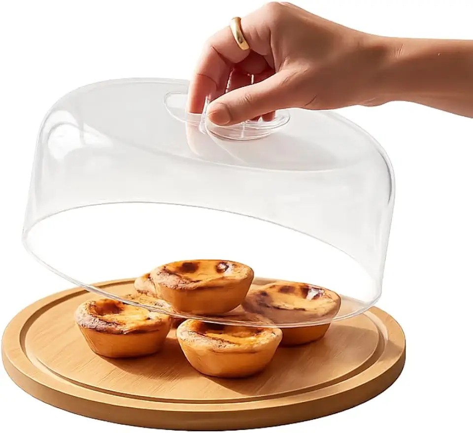Boleira de Bambu com Tampa Acrílica Transparente – Porta Bolo, Queijos e Frios | Prato de Bambu com Cúpula Protetora | Design Elegante para Mesa, Café da Manhã e Receber Visitas