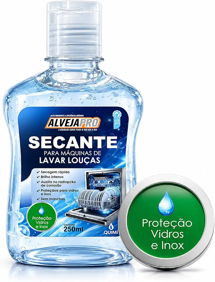 Secante e Abrilhantador para Lava-Louças Quimi 250ml – Secagem Rápida, Brilho Intenso, Anti-Manchas e Antirresíduos, Proteção Vidros e Inox