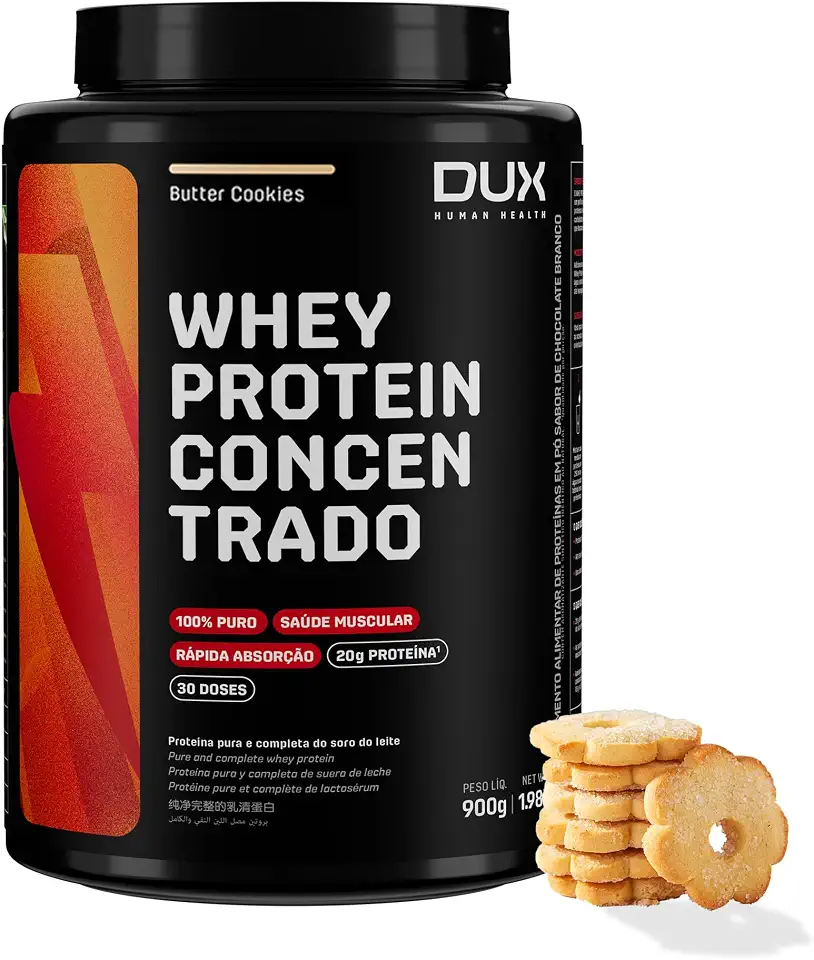 DUX HUMAN HEALTH Whey Protein Concentrado 900g Butter Cookies – Versátil para Receitas e Shakes