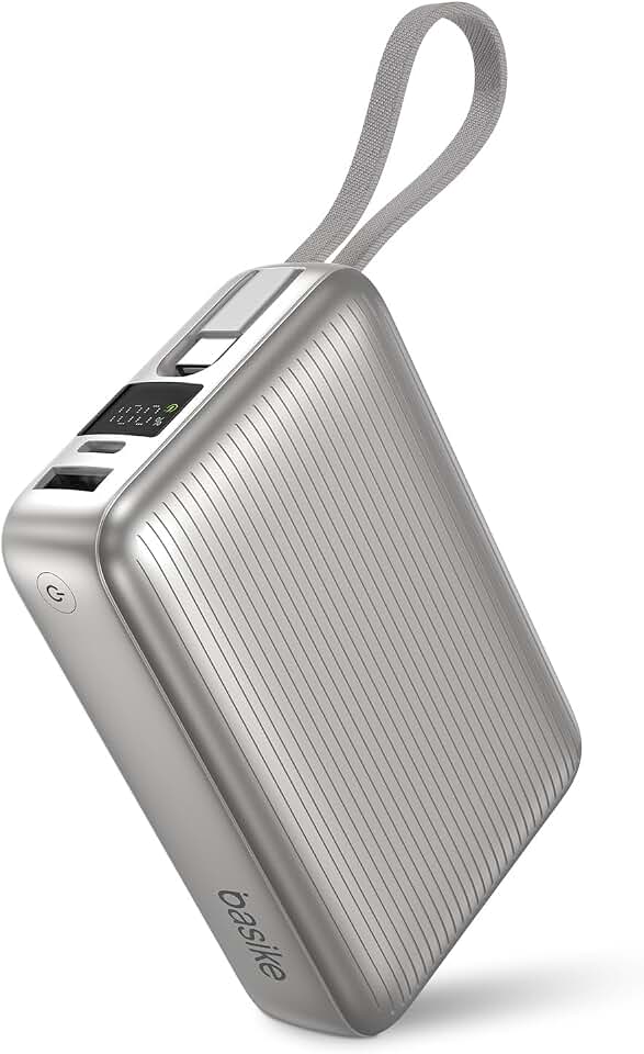 Basike Power Bank, Carregador Portátil 20000mAh 45W, 3-Saídas com Cabo USB-C Integrado, Bateria Externa de Carregamento Rápido PPS/PD/QC para iPhone Séries 16/15/14/13, Samsung S25/24/23/22/21 (Prata)