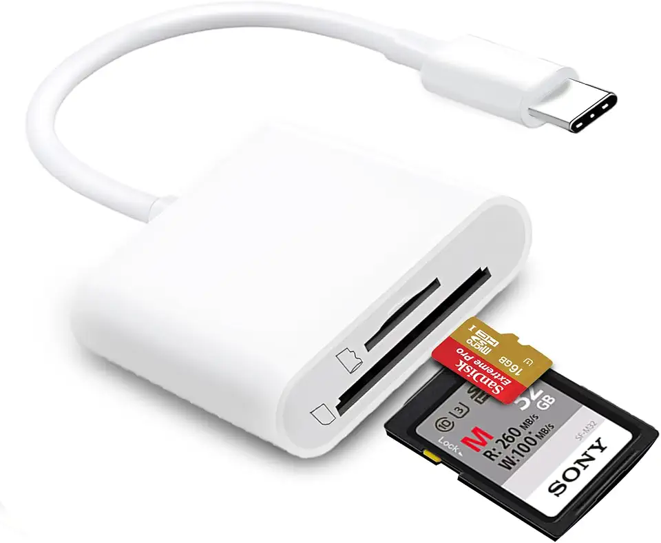 Leitor de cartão SD USB C para iPhone 15/16/17, dois compartimentos para cartões, leitor de cartão micro SD, suporta adaptador de cartão de memória SD e TF, leitor de cartão de memória Trail Camera