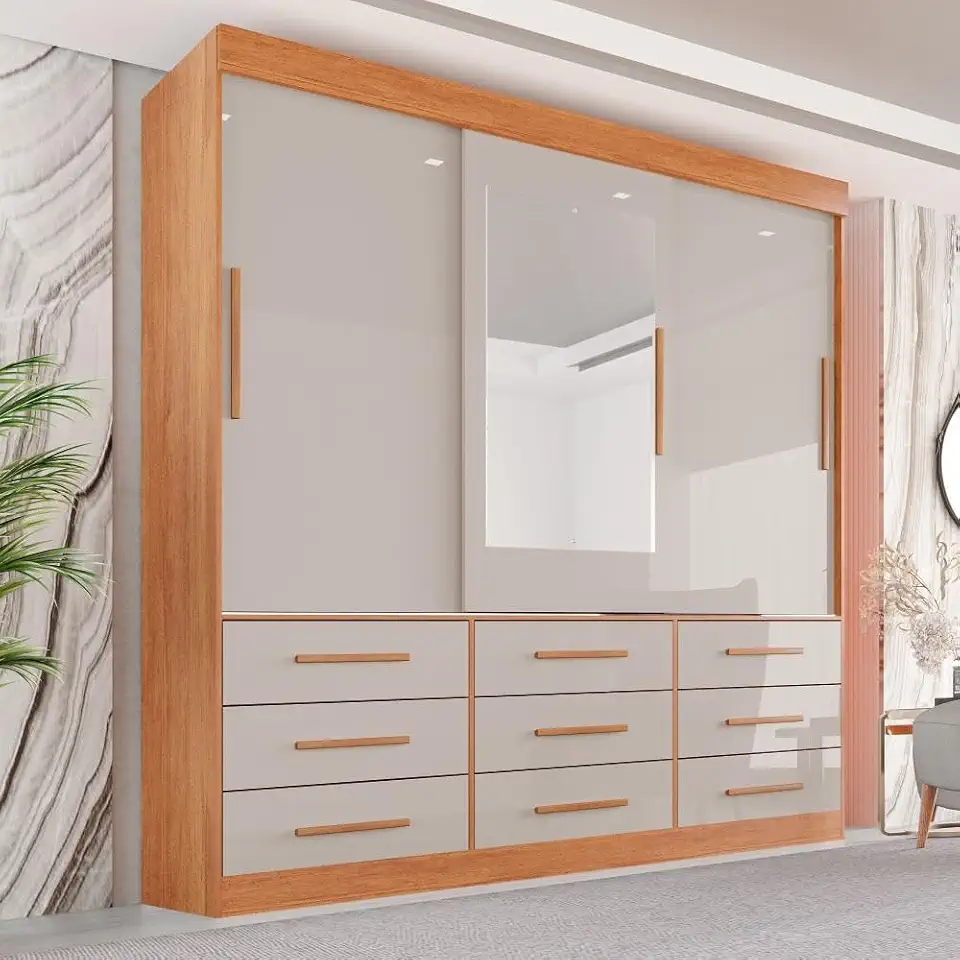 Guarda Roupa Casal 3 Portas 9 Gavetas com Espelho Luana Sallêto Móveis Cinamomo/off White